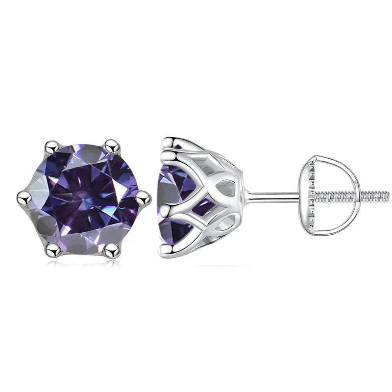 Purple gemstone stud earrings on a white background