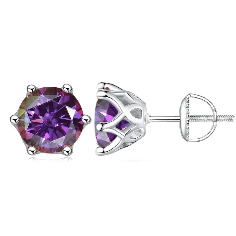 Purple gemstone stud earrings on a white background