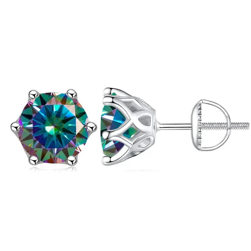 Multicolored gemstone stud earrings on a white background