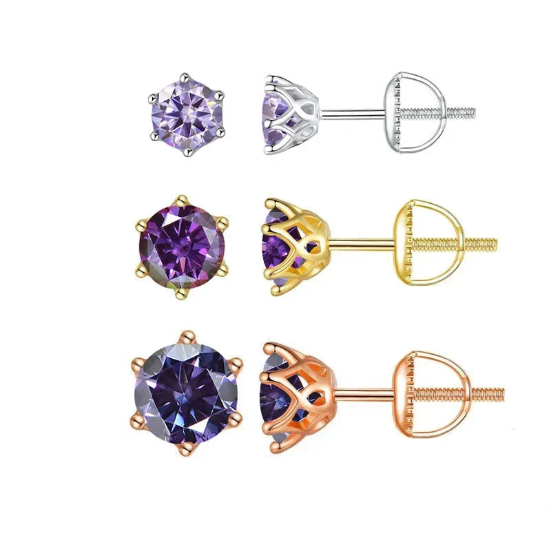Set of purple gemstone earrings in different colors on a white background
