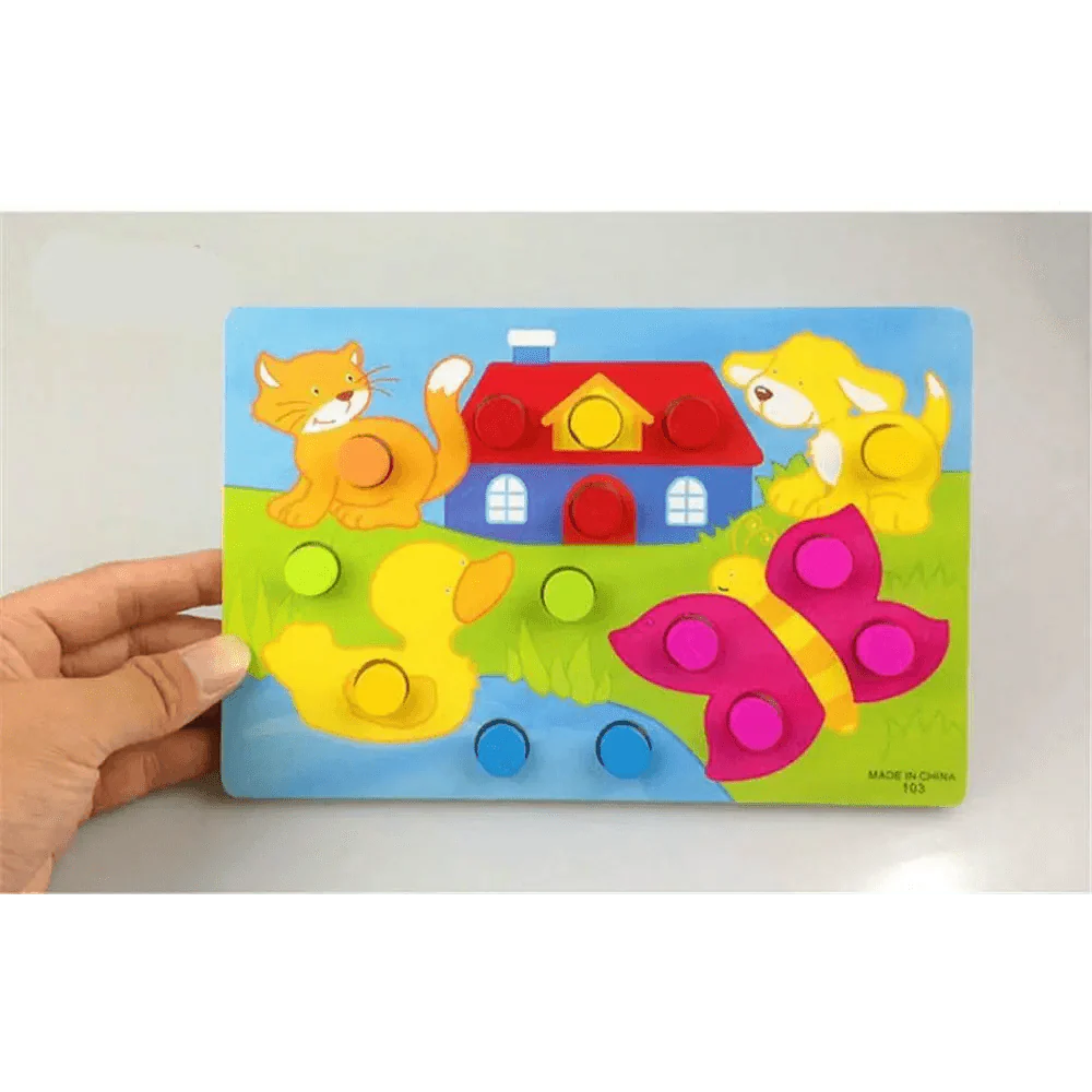 Colorful children's puzzle with animals and a house on a white background