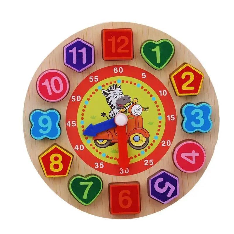 Colorful children's wooden clock with shapes and numbers on a white background