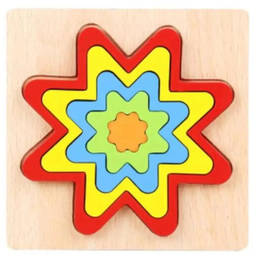 Colorful star-shaped wooden puzzle on a light wood background