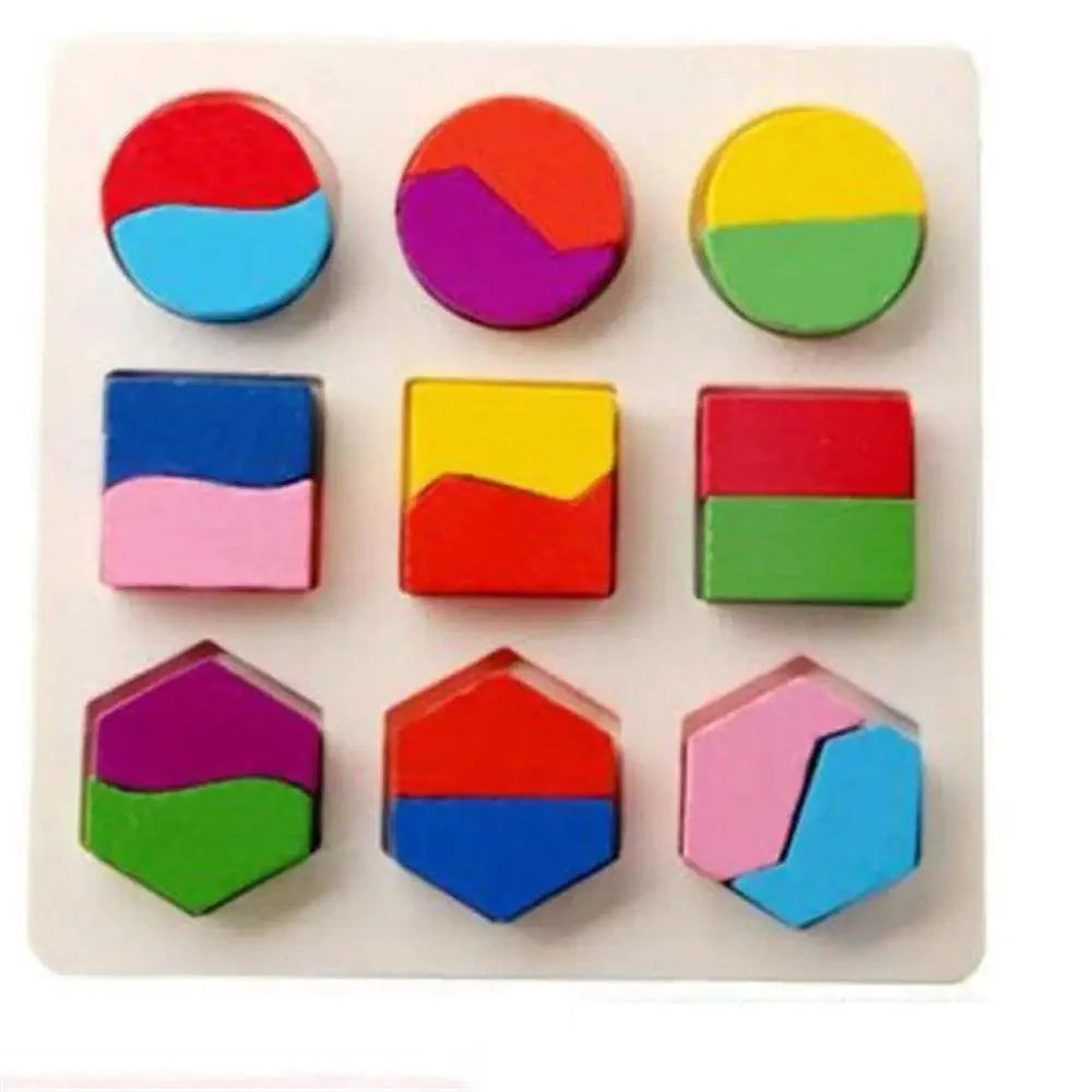Set of colorful geometric wooden blocks on a white background