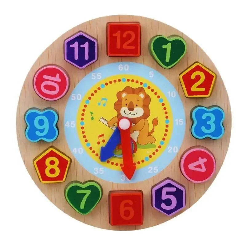 Colorful children's toy clock with lion illustration on a white background