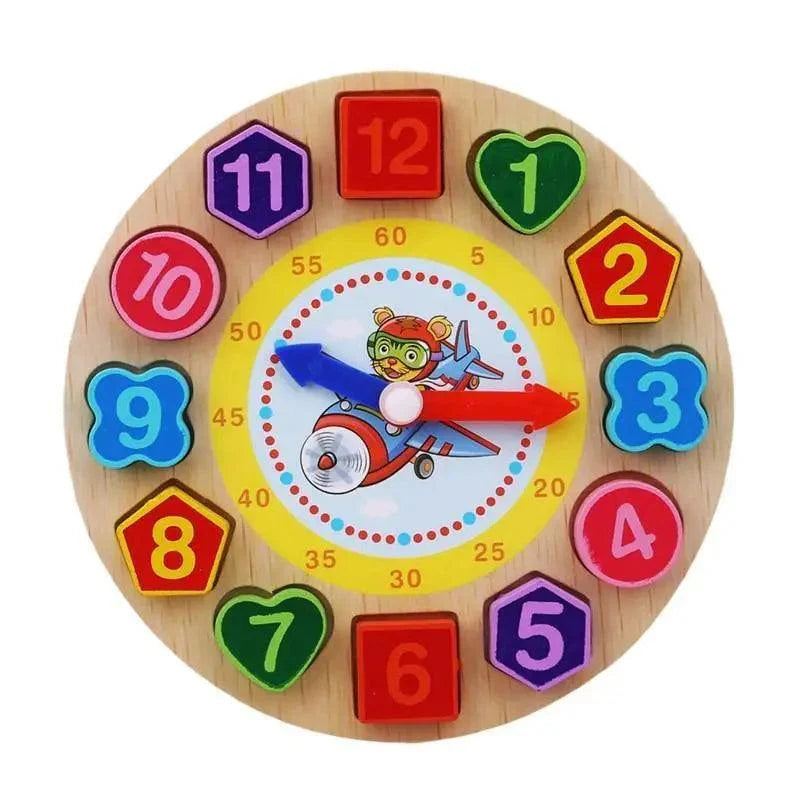 Colorful children's clock with cartoon character and number shapes on a white background