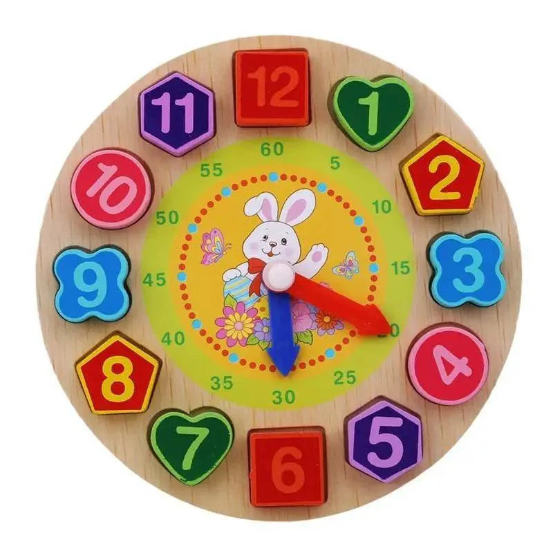 Colorful wooden clock toy with numbers and a rabbit illustration on a white background