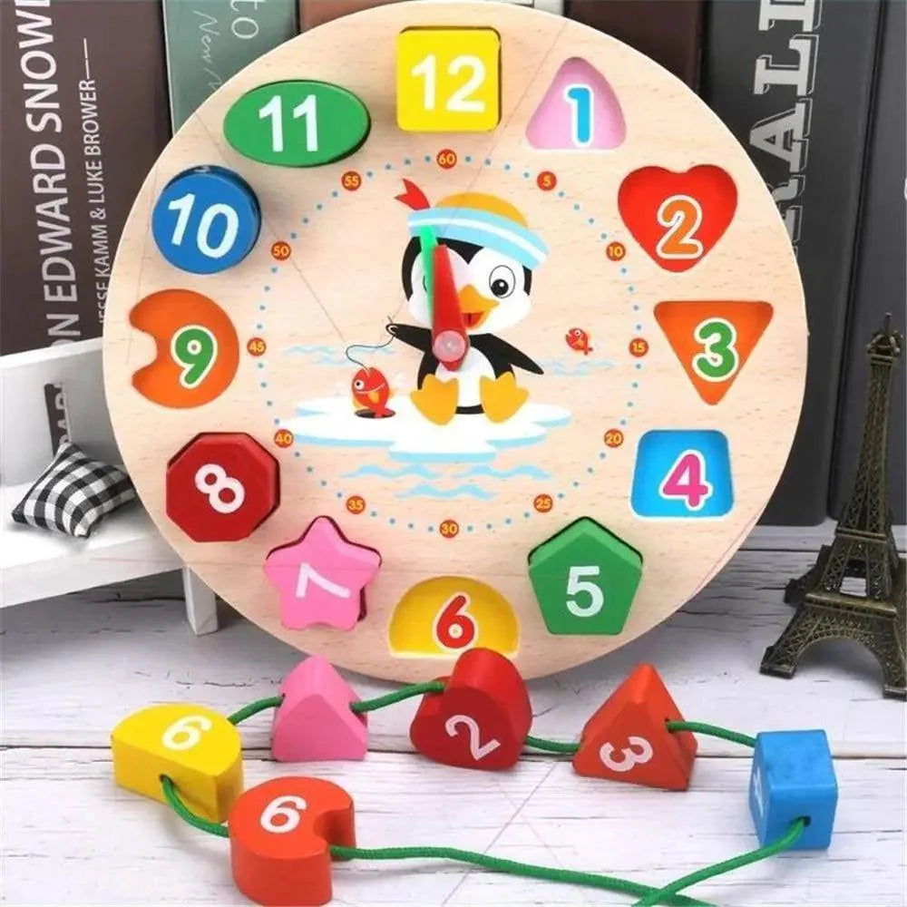 Wooden educational clock with colorful numbers and shapes on a wooden surface.