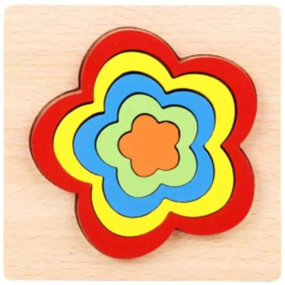 Colorful flower-shaped wooden puzzle on a light wood background