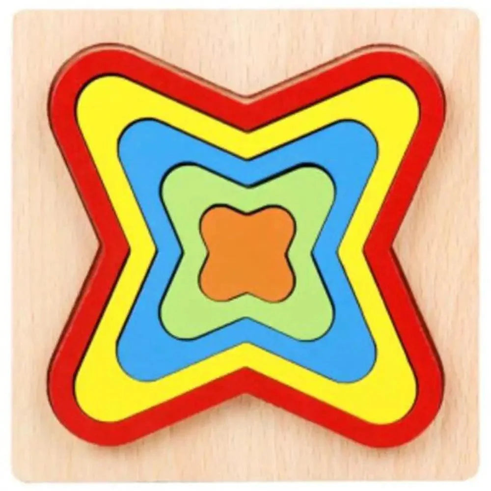 Colorful wooden puzzle with a star-shaped design on a beige background