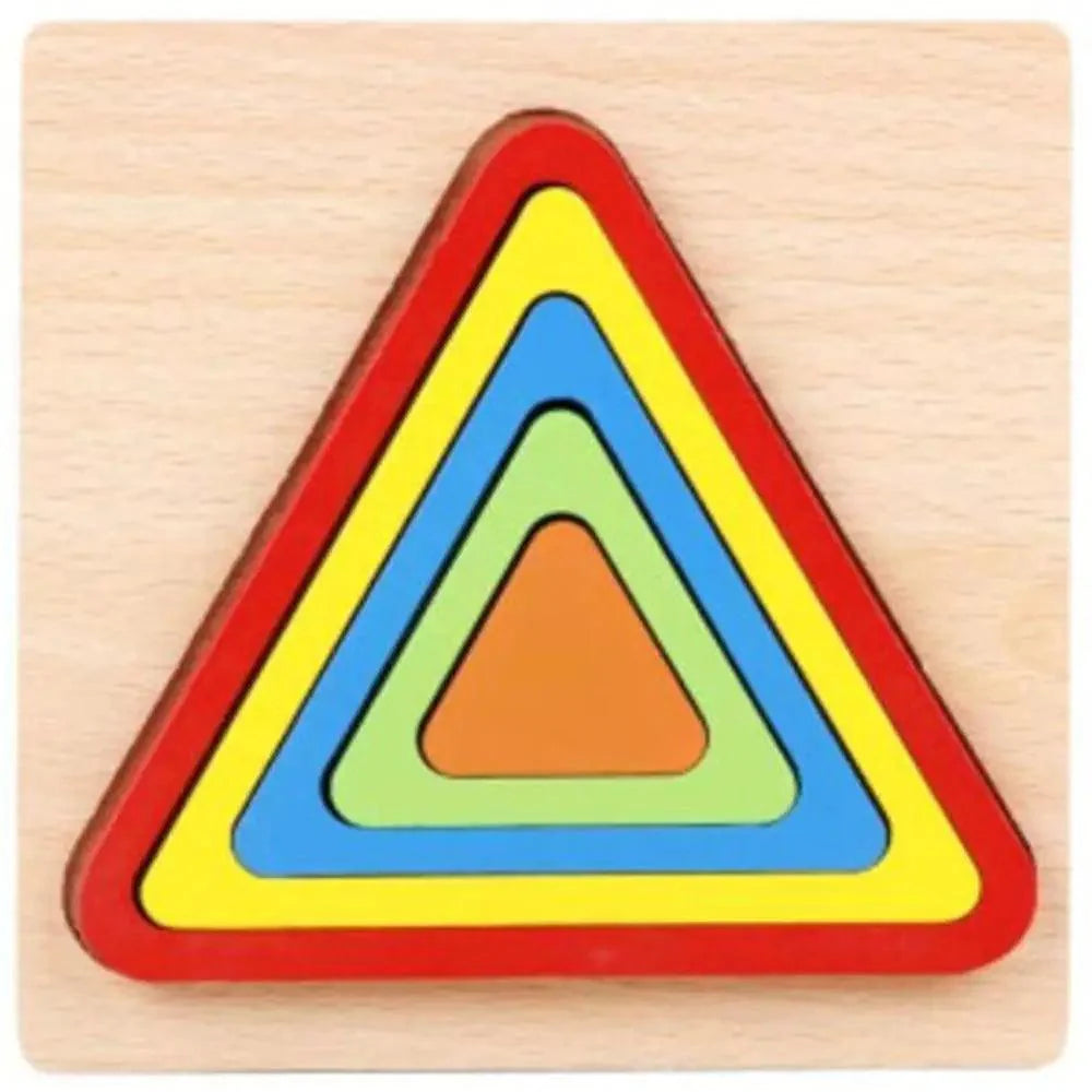 Colorful triangular wooden puzzle on a beige background