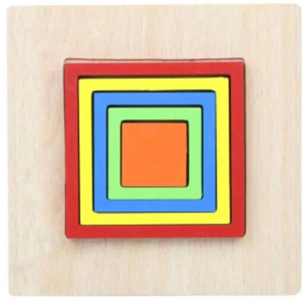 Colorful square stacking puzzle on a wooden base