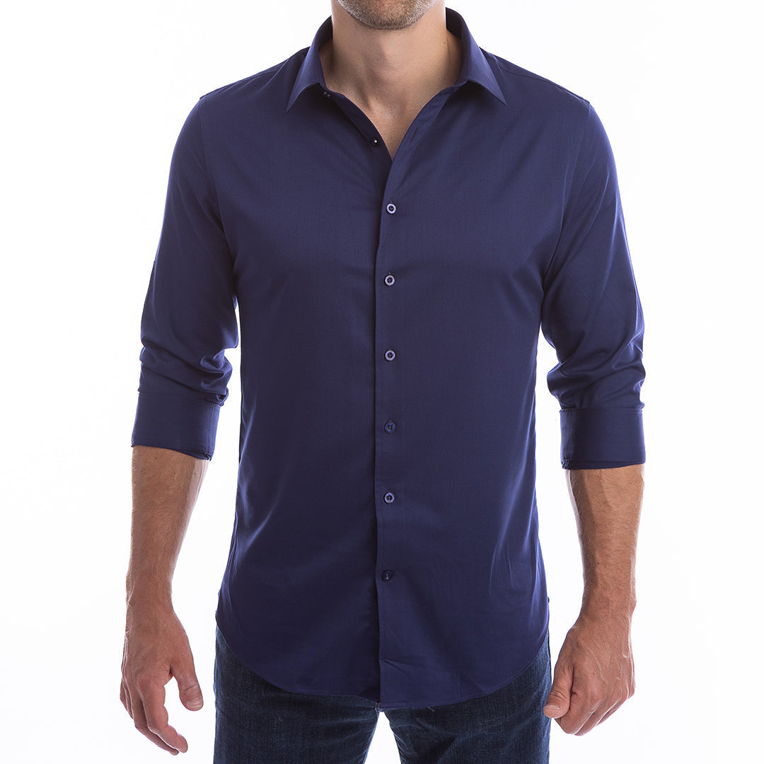 Navy blue button-up shirt worn by a person on a white background