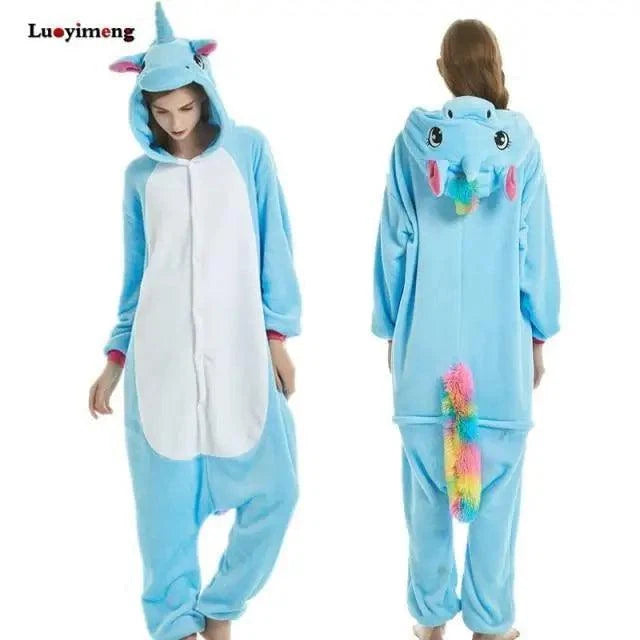 Blue unicorn onesie with colorful tail worn by a person on a white background