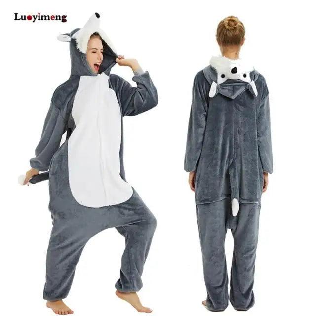Person wearing a gray and white animal onesie with a hood, front and back views.