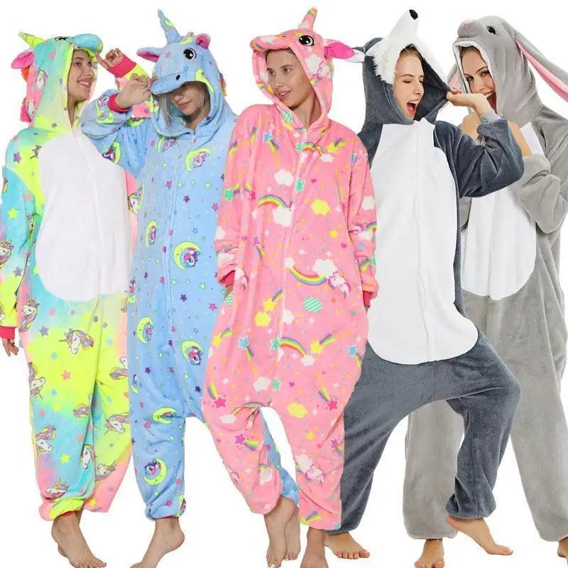 Five people wearing colorful animal-themed onesies in a row.