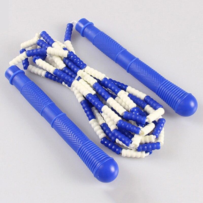 Blue and white跳绳 on a light gray background