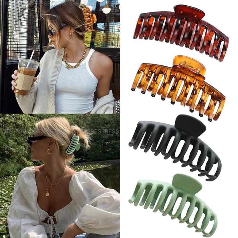 Collage of women using hair clips outdoors with close-up of various colored hair clips.