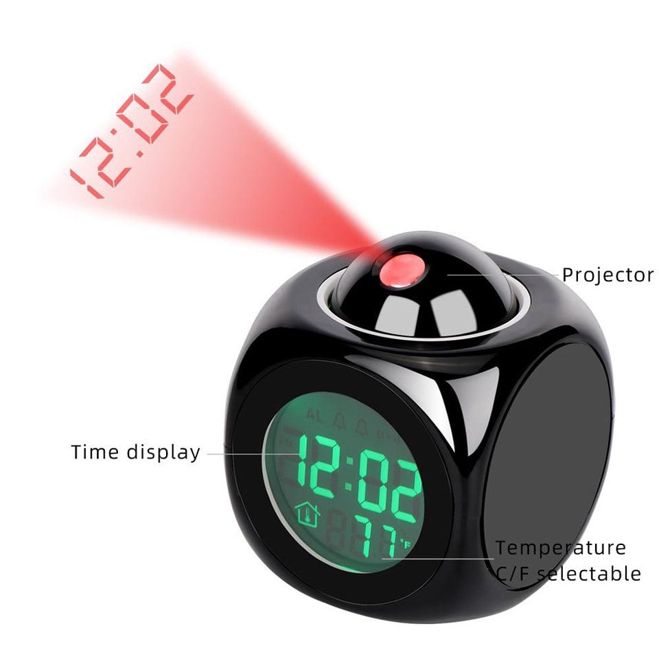Digital clock with red light projection on a white background