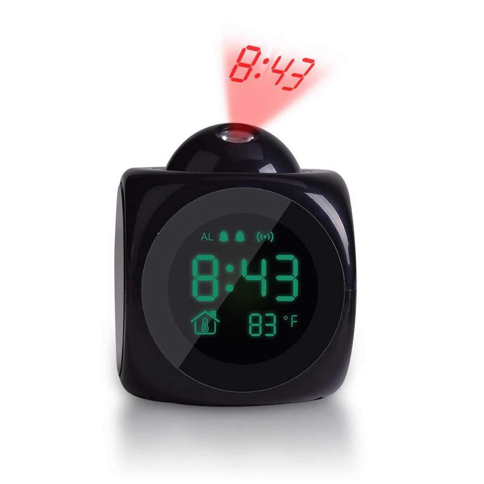 Digital clock with projection feature on a white background
