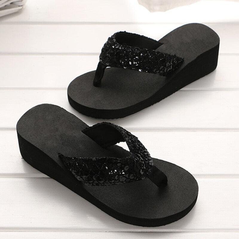 Women's Sequin Bow Platform Slide Slippers – Non-Slip Indoor & Outdoor Beach Shoes