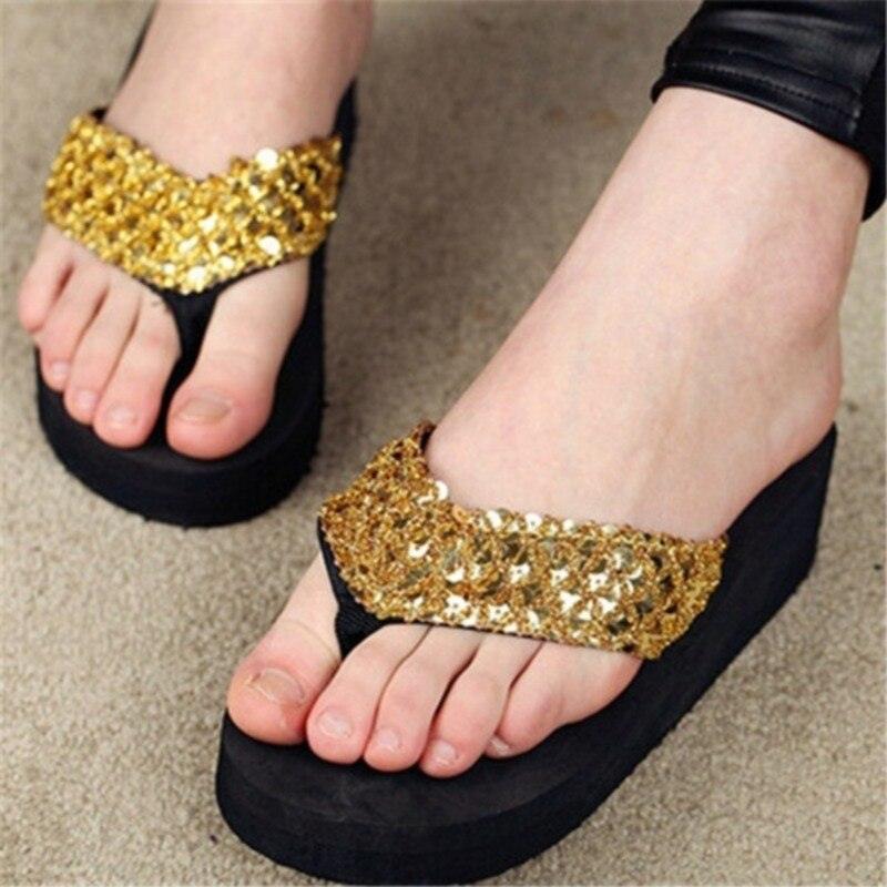 Women's Sequin Bow Platform Slide Slippers – Non-Slip Indoor & Outdoor Beach Shoes