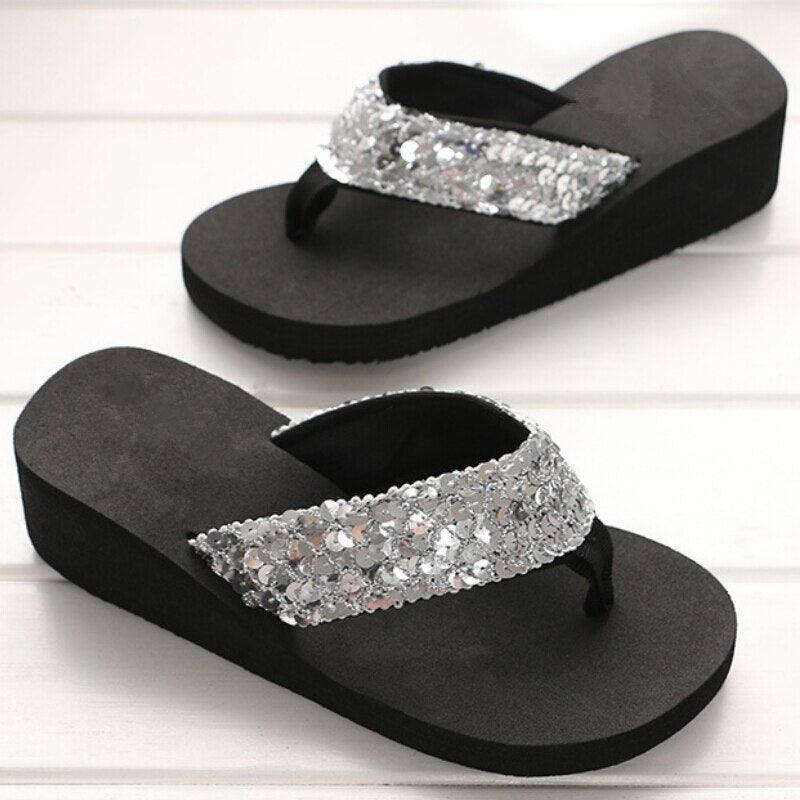 Women's Sequin Bow Platform Slide Slippers – Non-Slip Indoor & Outdoor Beach Shoes