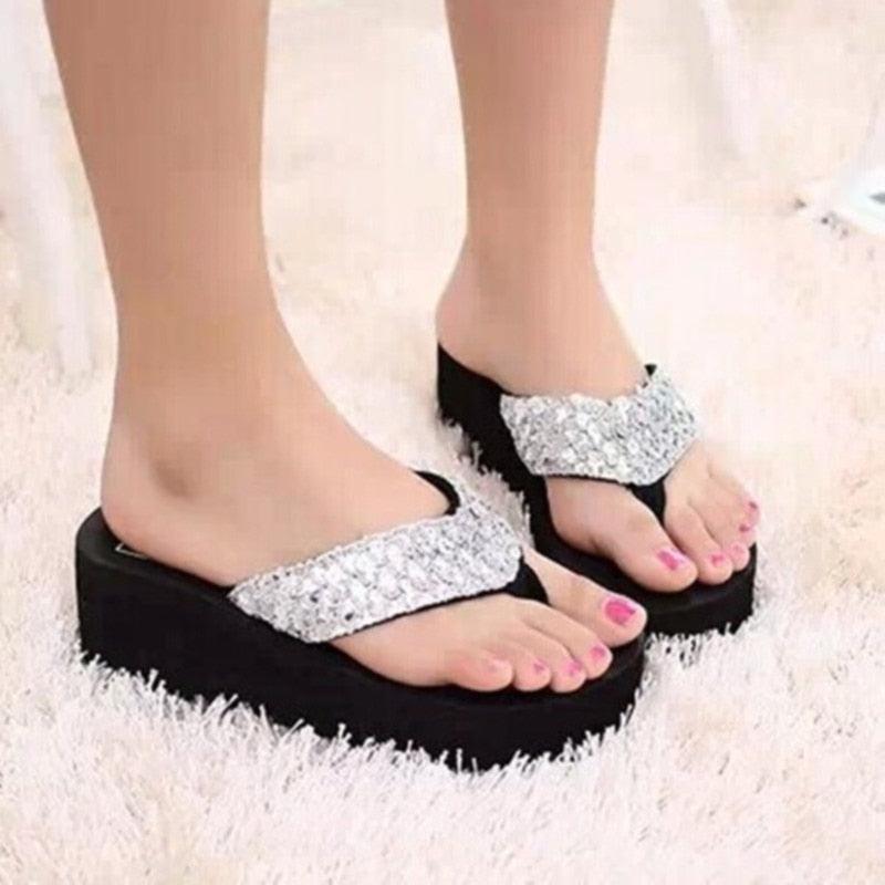 Women's Sequin Bow Platform Slide Slippers – Non-Slip Indoor & Outdoor Beach Shoes