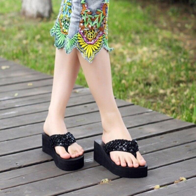 Women's Sequin Bow Platform Slide Slippers – Non-Slip Indoor & Outdoor Beach Shoes