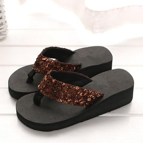 Women's Sequin Bow Platform Slide Slippers – Non-Slip Indoor & Outdoor Beach Shoes