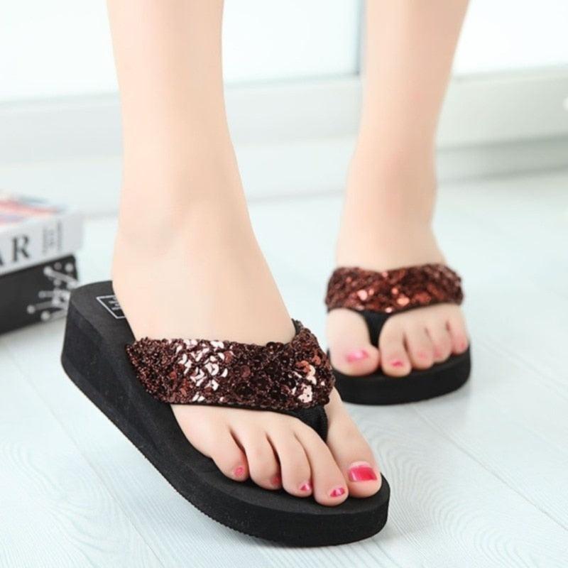 Women's Sequin Bow Platform Slide Slippers – Non-Slip Indoor & Outdoor Beach Shoes