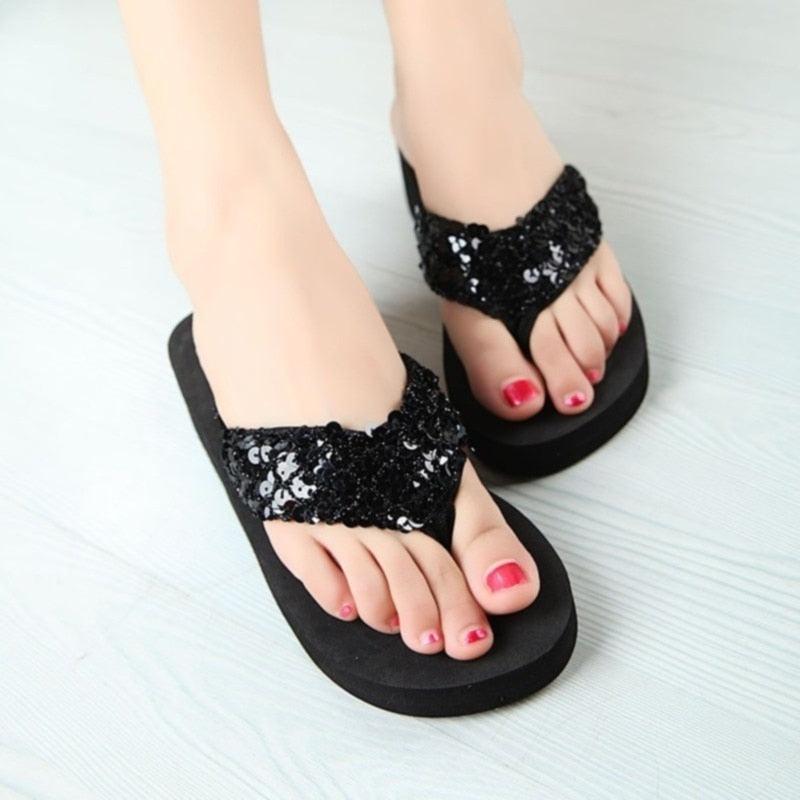 Women's Sequin Bow Platform Slide Slippers – Non-Slip Indoor & Outdoor Beach Shoes