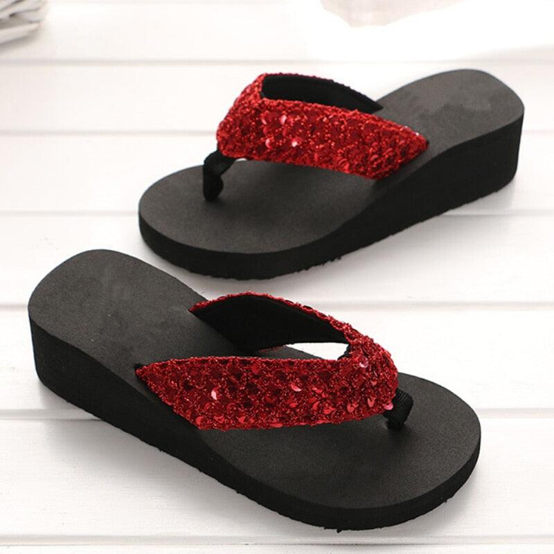 Women's Sequin Bow Platform Slide Slippers – Non-Slip Indoor & Outdoor Beach Shoes