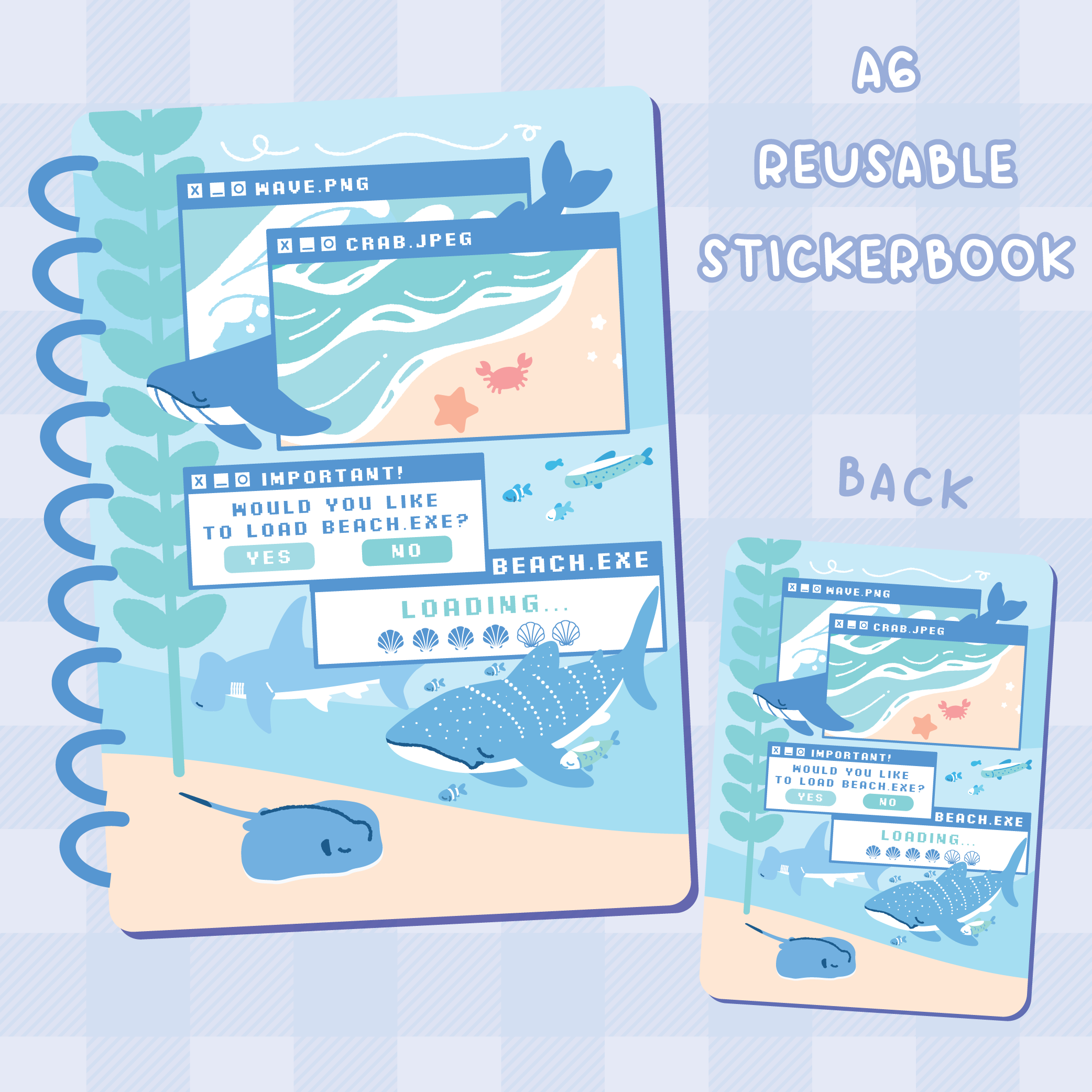 Reusable stickerbook with ocean-themed design featuring sharks and beach elements on a light blue background.
