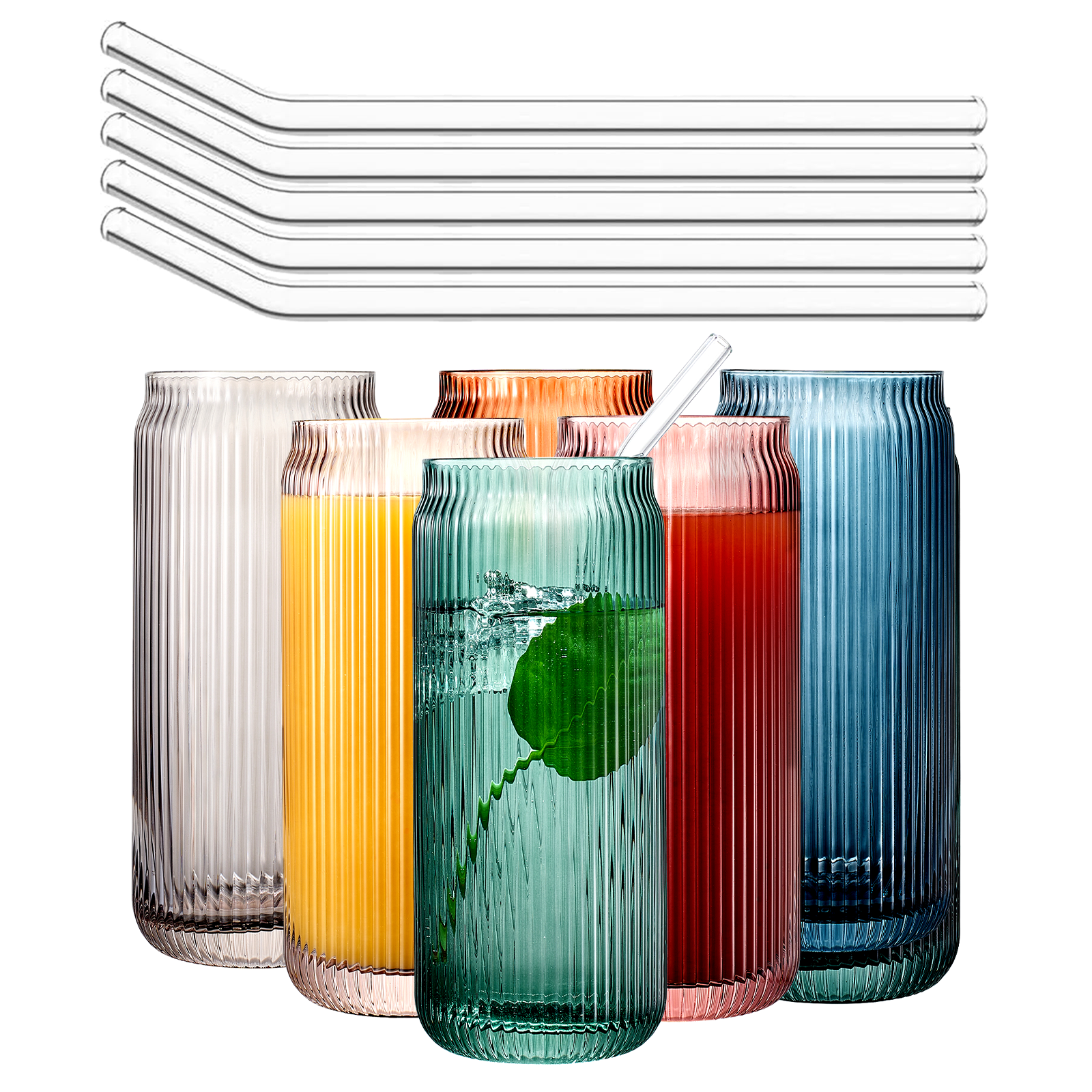 Rippen-Highballgläser im Dosen-Design mit Glasstrohhalmen – 6er-Set