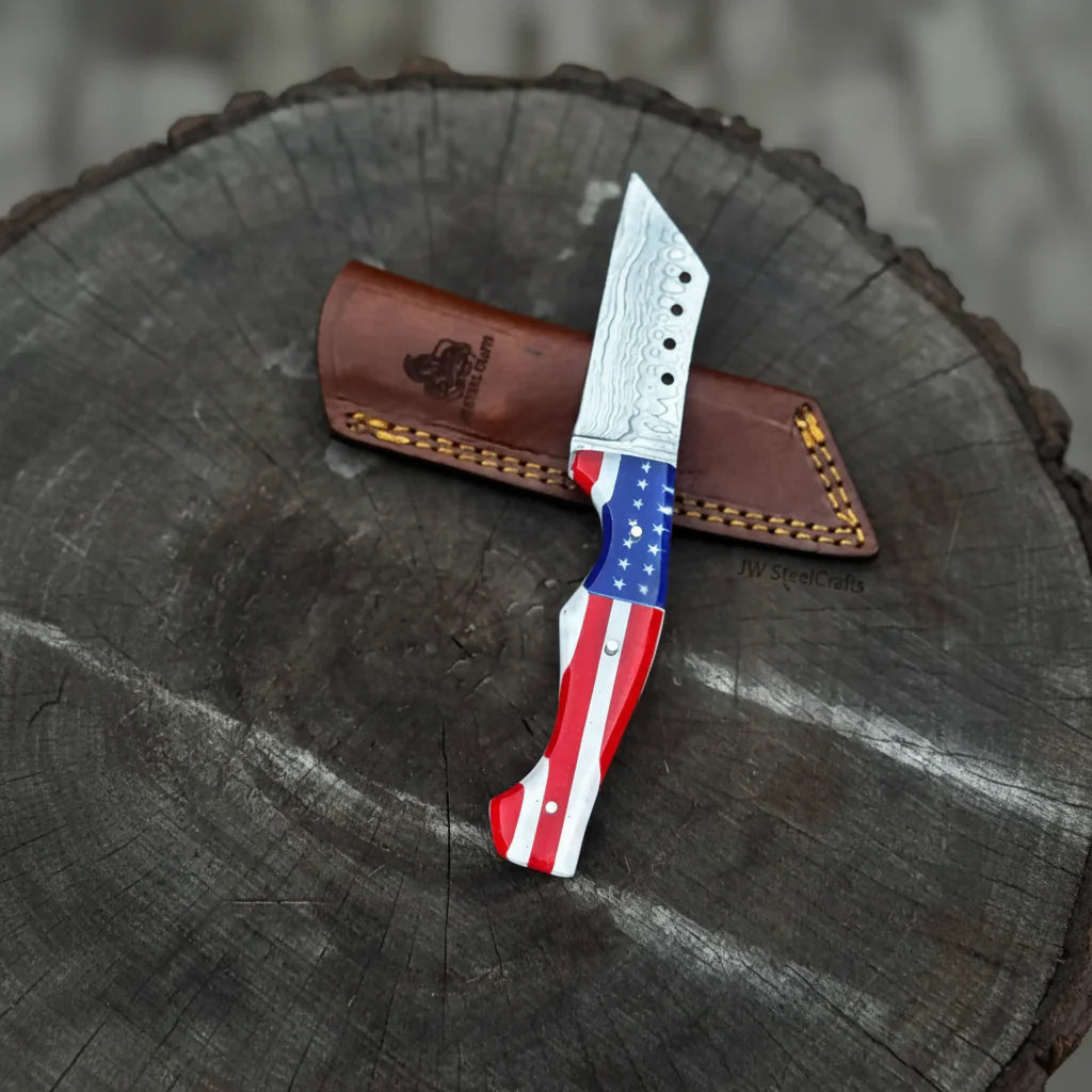 American Flag Handle Damascus Tanto Knife | JW SteelCrafts