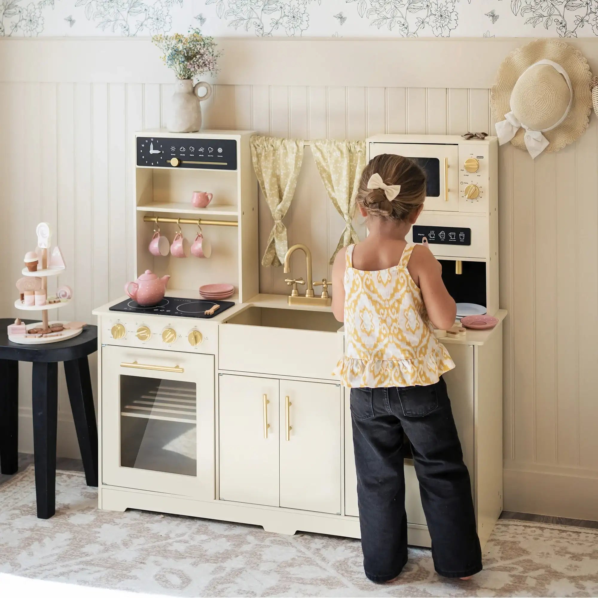 Luxurious Wooden Play Kitchen – Cream | Kids Pretend Play Chef Set