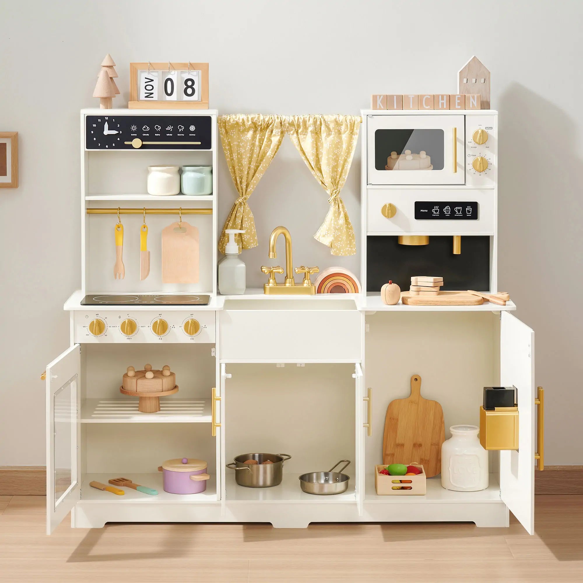Luxurious Wooden Play Kitchen – Cream | Kids Pretend Play Chef Set