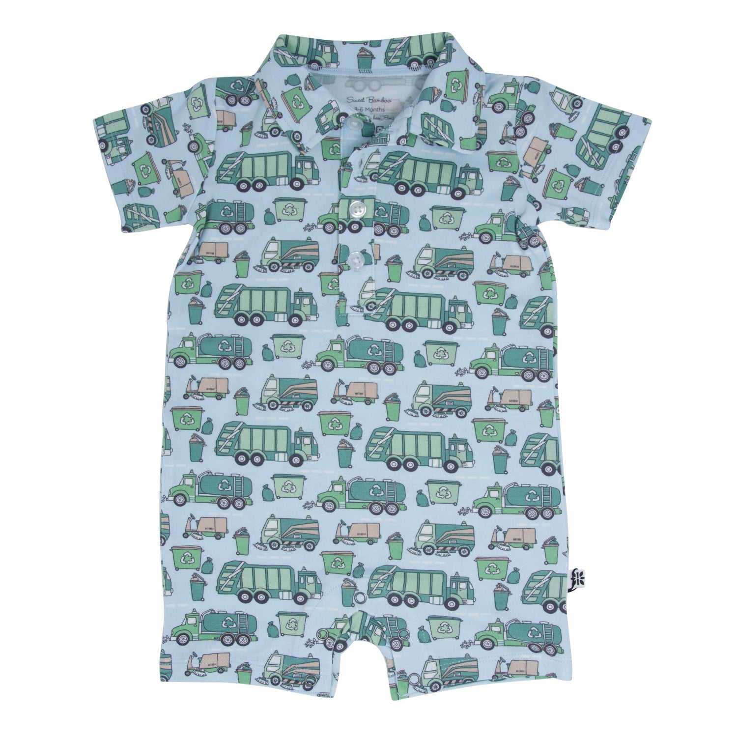 Children's romper with garbage truck pattern on a light blue background