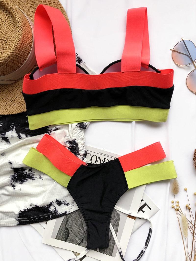 Women's Neon Patchwork Push-Up Bikini Set | 2-Piece Cutout Swimsuit | STEVVEX Fashion