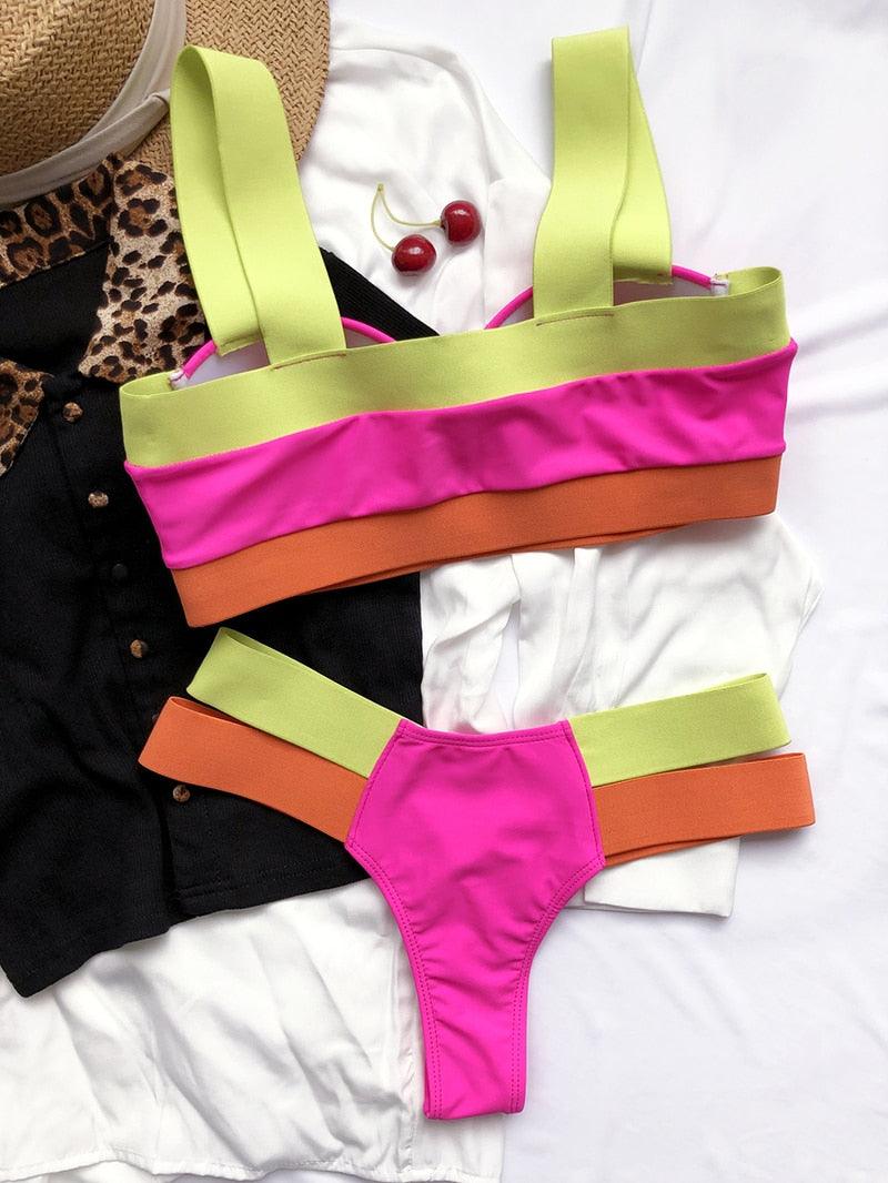 Women's Neon Patchwork Push-Up Bikini Set | 2-Piece Cutout Swimsuit | STEVVEX Fashion