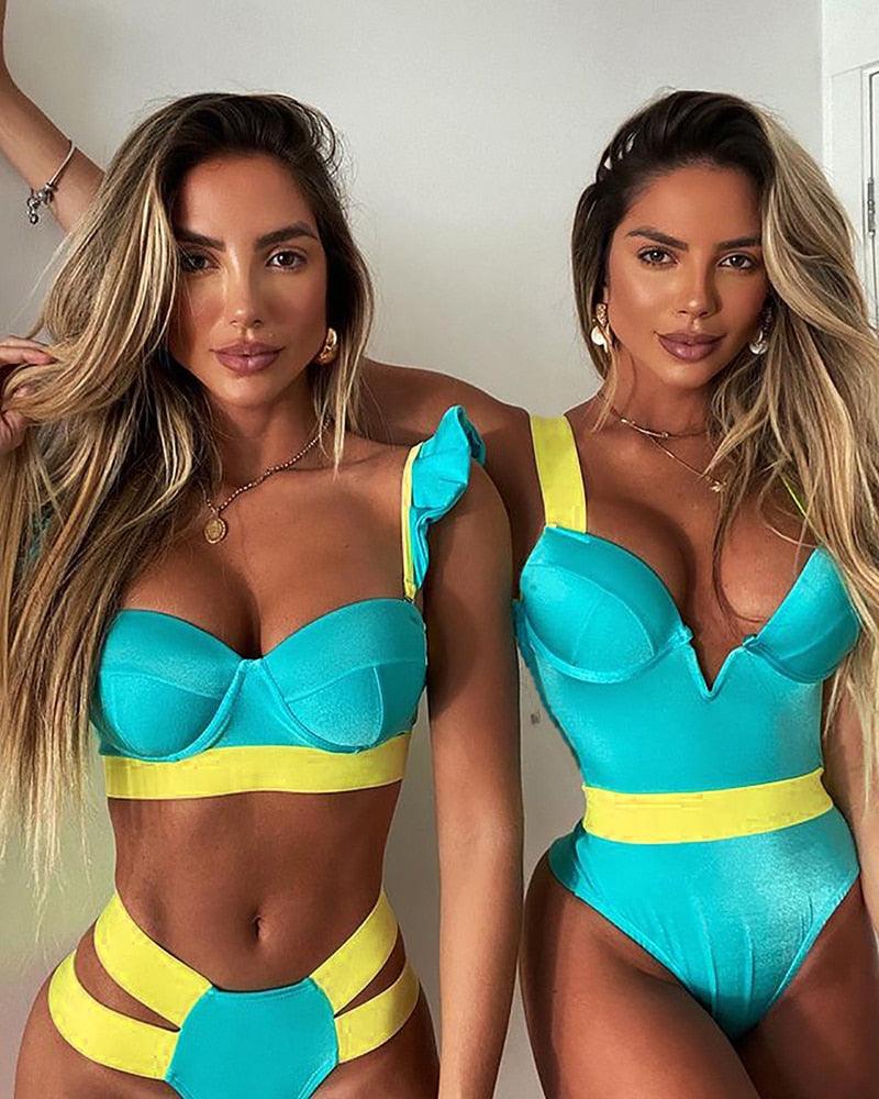 Women's Neon Patchwork Push-Up Bikini Set | 2-Piece Cutout Swimsuit | STEVVEX Fashion