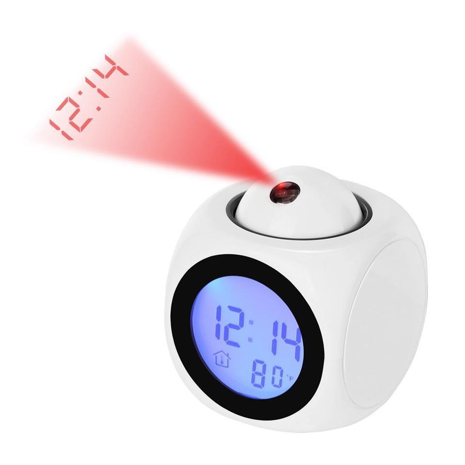 Digital clock with temperature display and red light projection on a white background