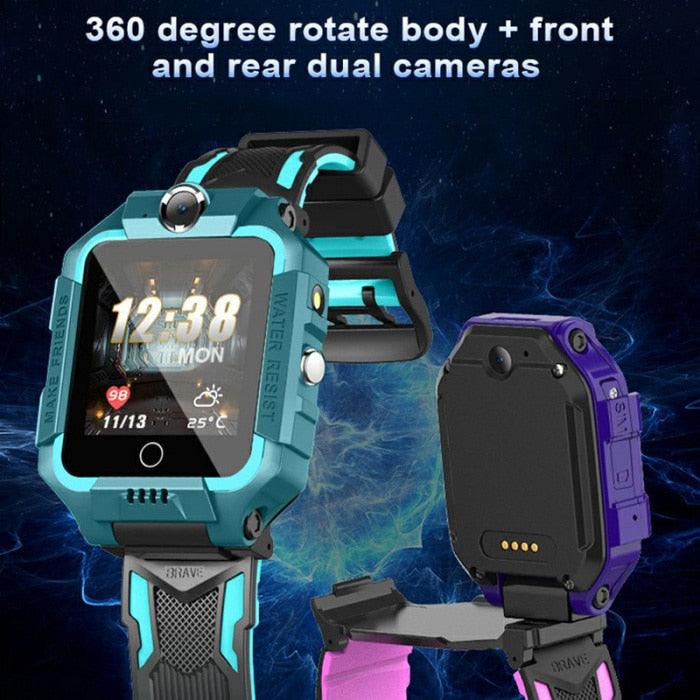 Smartwatch with dual cameras on a dark abstract background