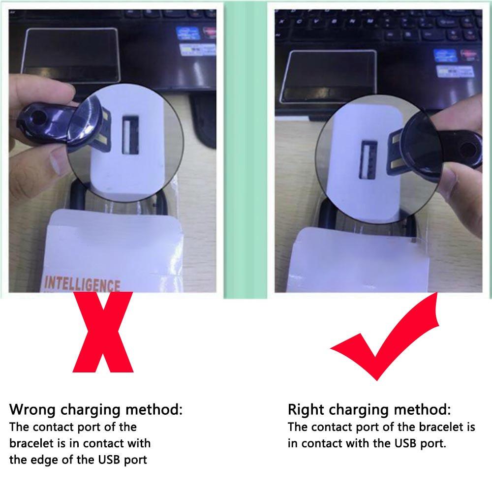 Comparison of wrong and right charging methods for a bracelet using USB ports.