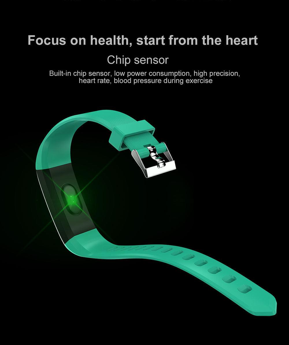 Green wristband with chip sensor on a black background