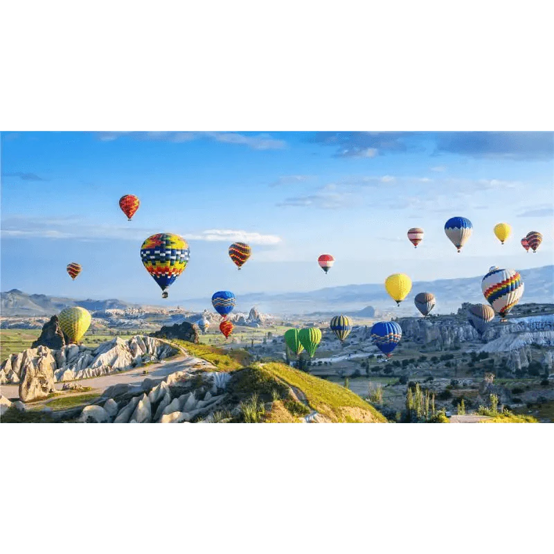 Colorful hot air balloons floating over a scenic landscape with mountains and a clear blue sky.