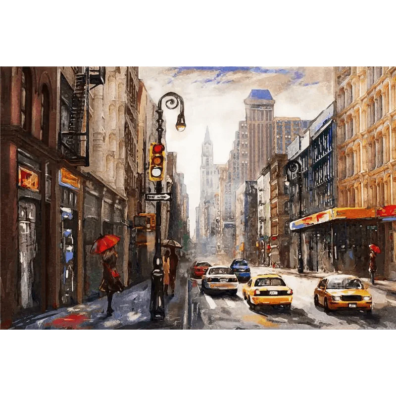 City street scene with taxis, pedestrians, and traffic lights on a rainy day.