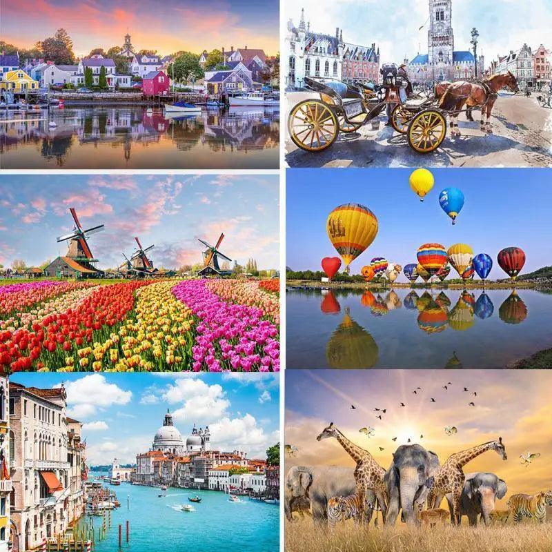 Collage of various scenic images including a harbor, horse-drawn carriage, tulip fields, hot air balloons, Venice, and animals.