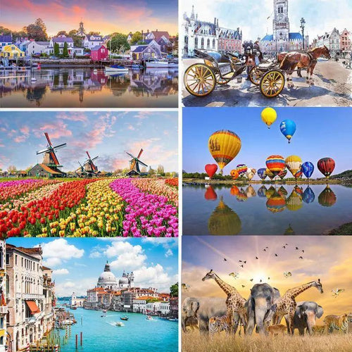 Collage of various scenic images including a harbor, horse-drawn carriage, tulip fields, hot air balloons, Venice, and animals.